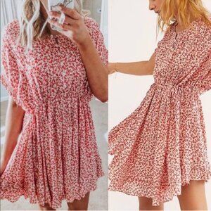 Free People One Fine Day Mini Dress Ditsy Cream Red Floral Mini Dress Size XS